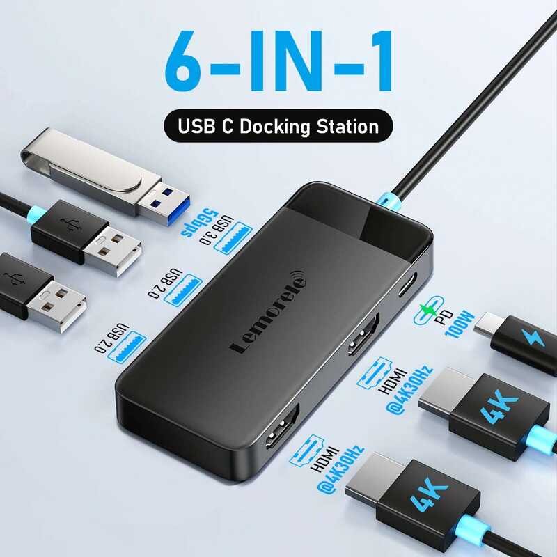 Lemorele สถานีเชื่อมต่อ TC122 HUB Dual HDMI 4K USB 3.0 PD 100W พอร์ต Type C สำหรับ book iPad M2 M1 S