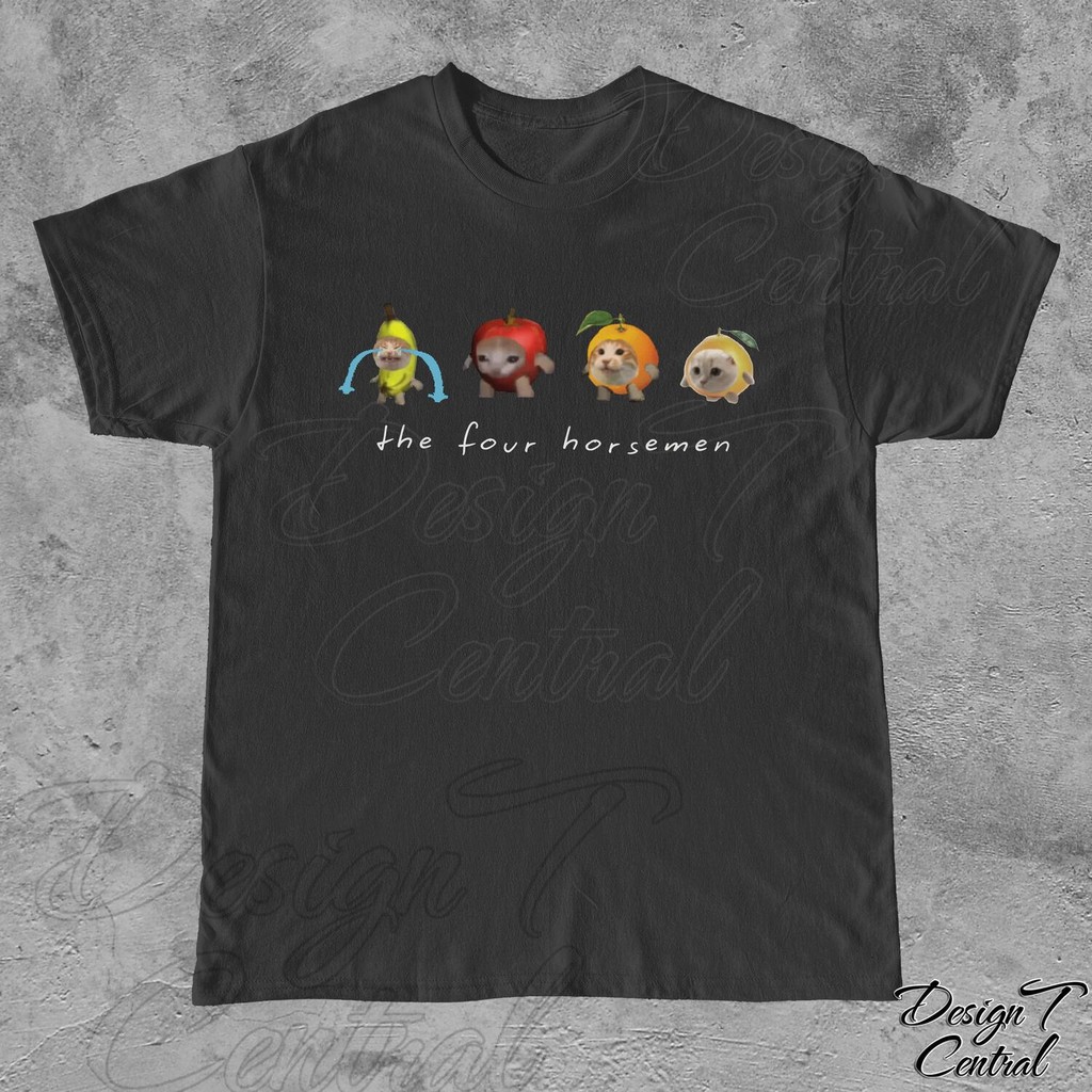 Apple Cat Meme Four Horsemen เสื้อยืด Unisex แมวตลก Meme เสื้อลูกแมวน่ารักออกแบบ Sad Cat Graphic Tee