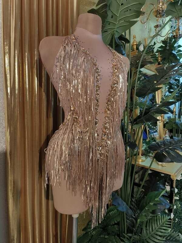 Δ แวววาว Rhinestone พู่ Liota Sexy Tassel Bodysuit Jazz Dance Clothes หนึ่งชิ้