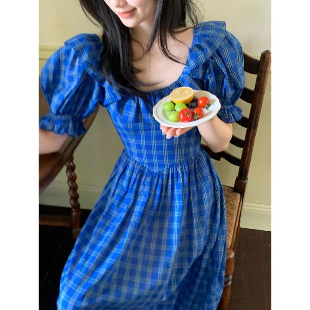 [CDD-] เดรสสิบสามสาย เอวระบาย กระโปรงยาว กระโปรงสีน้ำเงินไคลน์ กระโปรงวันหยุดคอเหลี่ยม กระโปรงยาว