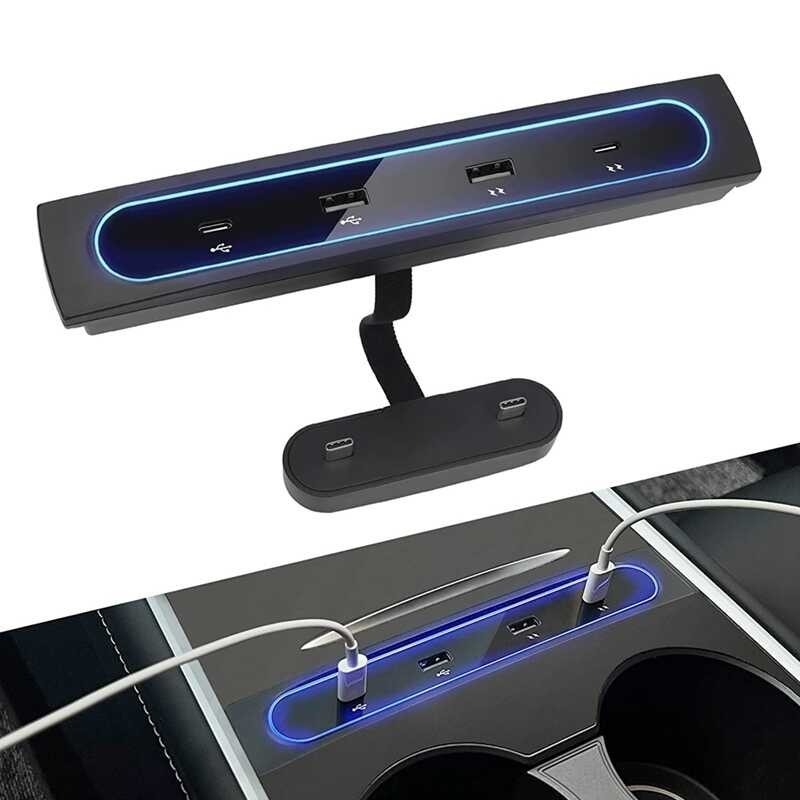 For Tesla Model 3 Y 2021 2022 Accessories 27W Quick Charger Docking Station, 4 In 1 USB LED Hub Cen