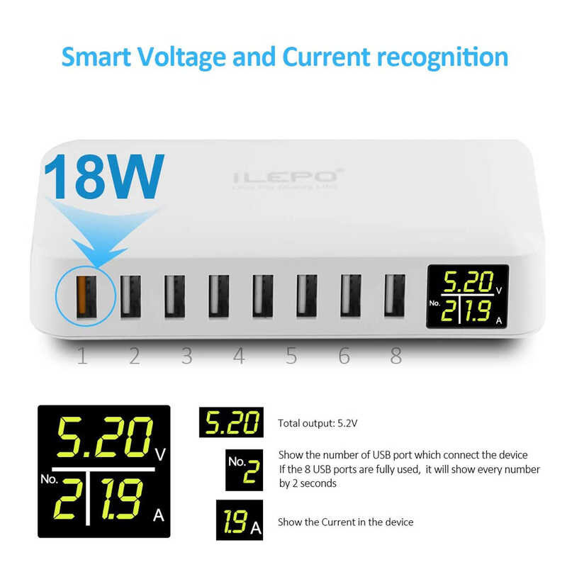 Multiple Ilepo 60W Qc3.0 USB Charger With LED Digital Display 8-Port Charging Stations For Iphone I