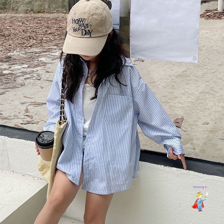 [ขายร้อน] สาวเสื้อเชิ้ตลายทางสไตล์ใหม่เด็กเวอร์ชั่นเกาหลีการออกแบบเสื้อแจ็คเก็ตลําลองด้านบนหลวม