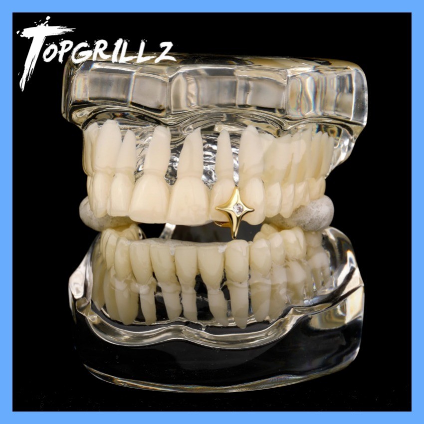 a TOPGRILLZ Rapper Single Iced Out Teeth Grillz Braces Hip Hop Cross Tooth Caps Zircon Dental Grill