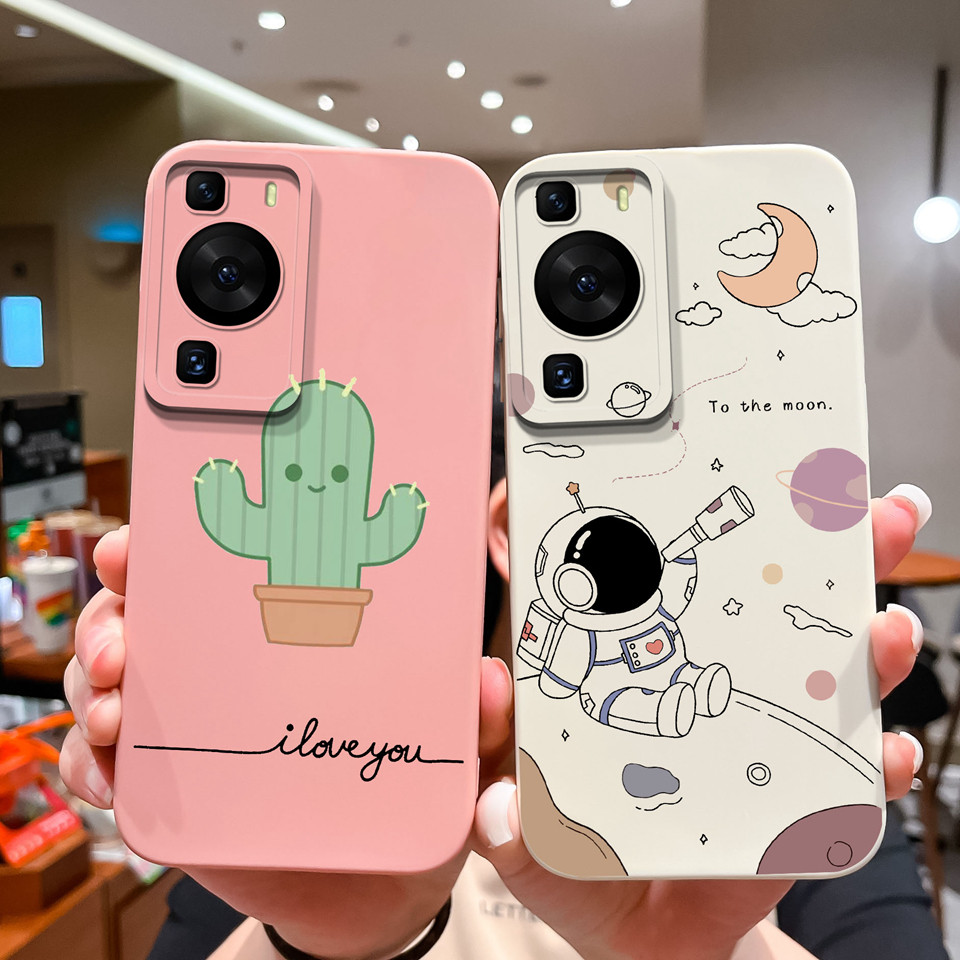 ปลอกสําหรับ Huawei P60 P60Pro P60Art การ์ตูนนักบินอวกาศกระบองเพชรสแควร์ทนทานลื่นป้องกันซิลิโคนนุ่ม T