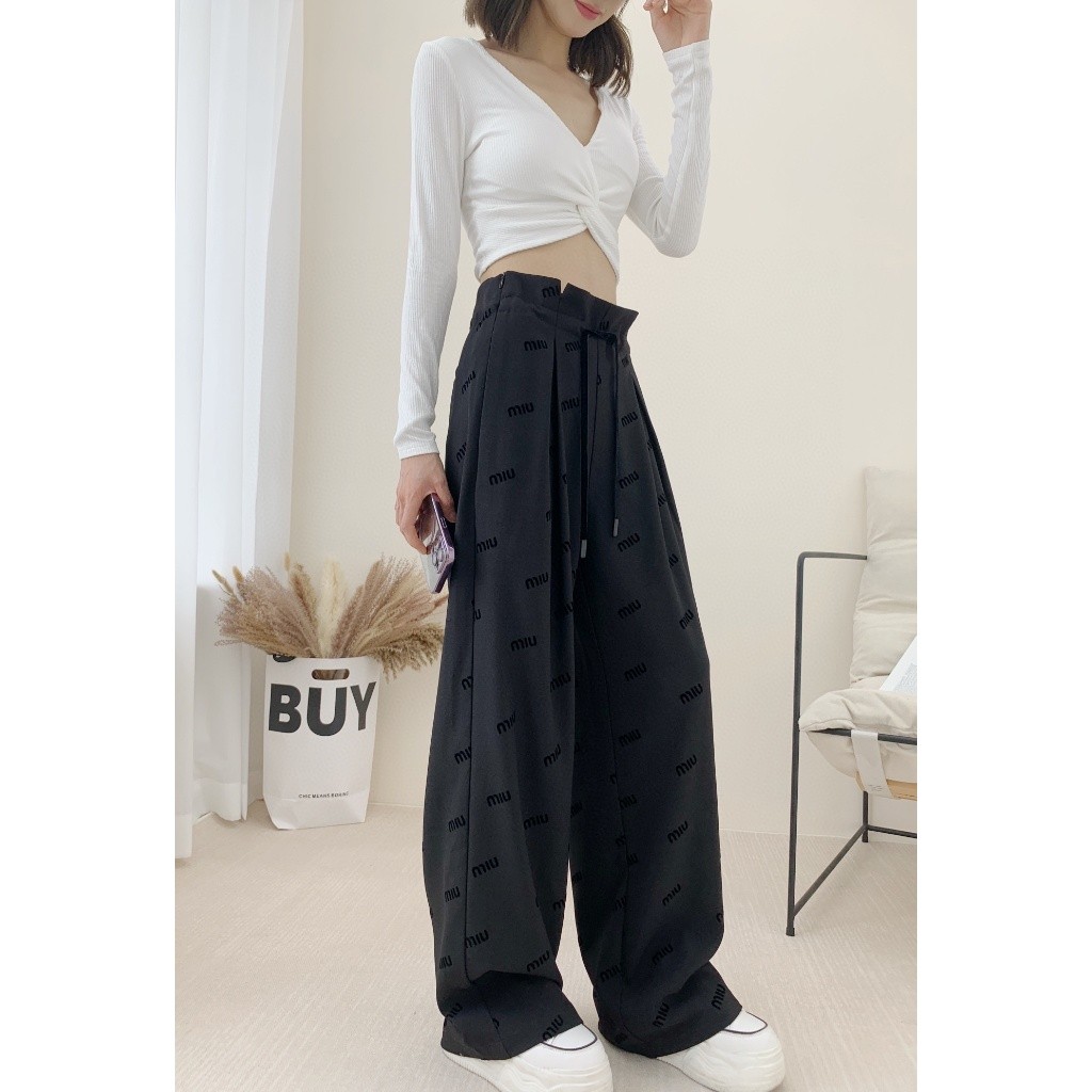 Miumiu กางเกงลําลองสไตล์ใหม่ Flocking Letter Design