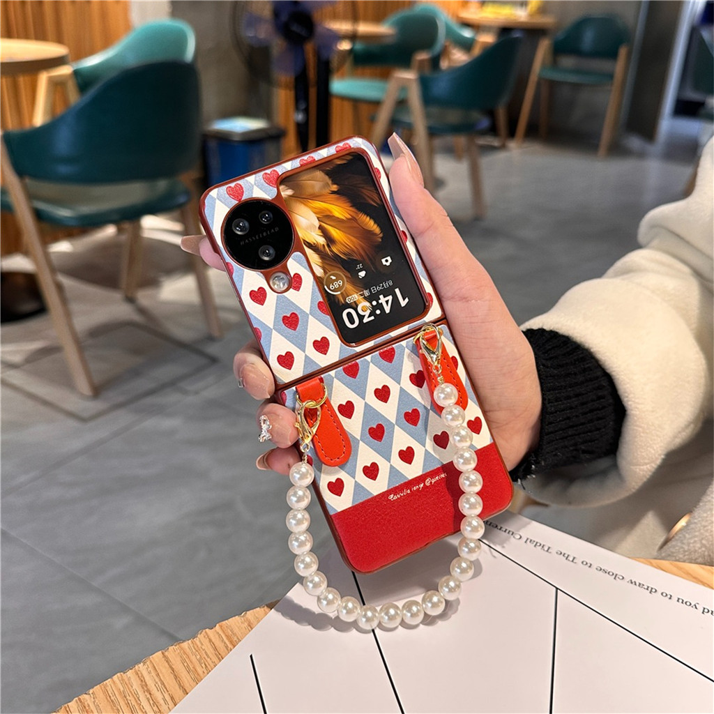 เกาหลีน่ารัก Love Heart เคสโทรศัพท์สายหนังสร้อยข้อมือมุกสําหรับ OPPO Find N2 Flip findn2 Flip Find N3 Flip ฝาหลัง