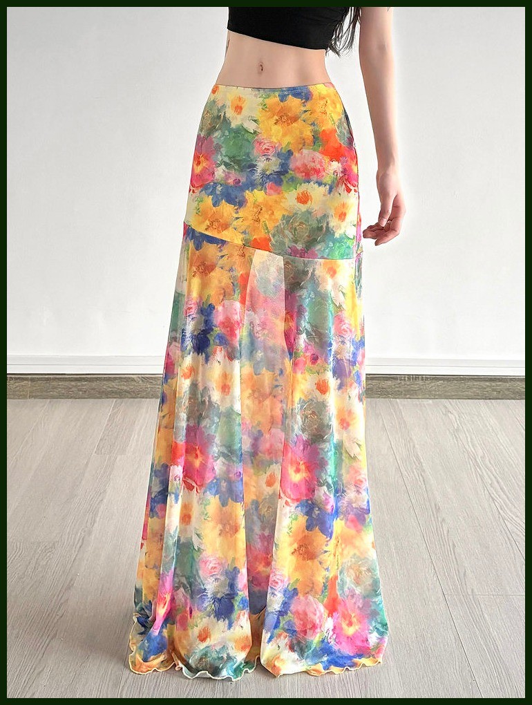 M-XLกระโปรงยาวลายดอกไม้ สไตล์เกาะ 2025ผ้าตาข่ายบางเบา ลายน้ำมันระบายสี แนวโรแมนติก ใส่เที่ยวทะเล - รูปที่ 2