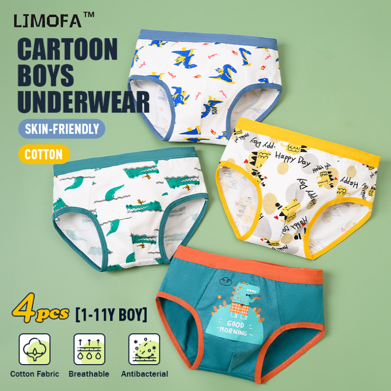 Ljmofa Kids 4 ชิ้นชุดชั้นในสําหรับ 1-11Y เด็กชายฤดูร้อนผ้าฝ้ายไดโนเสาร์รูปแบบกางเกงสําหรับเด็ก