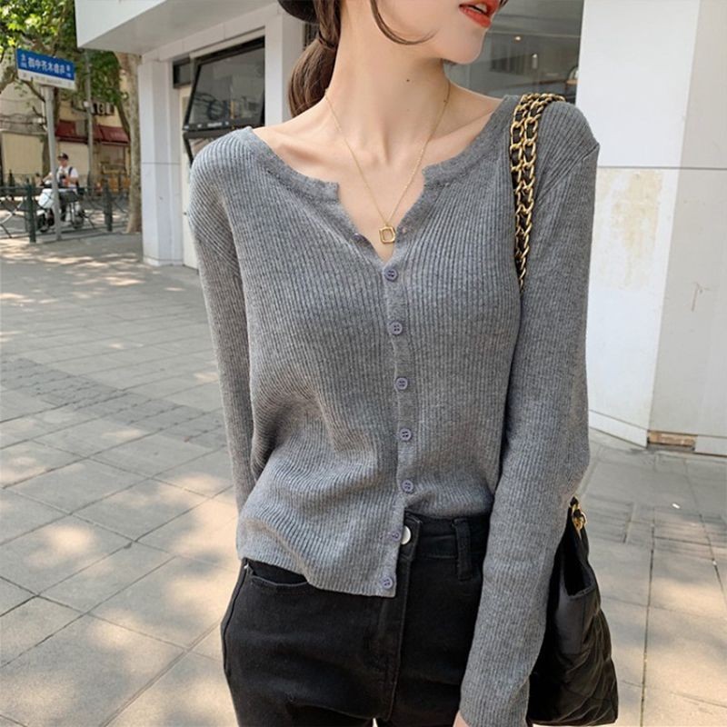 เสื้อสเวตเตอร์บางเสื้อคาร์ดิแกนสุภาพสตรีสไตล์ใหม่สีเทาเข้มสลิมฟิตสลิมเมอร์