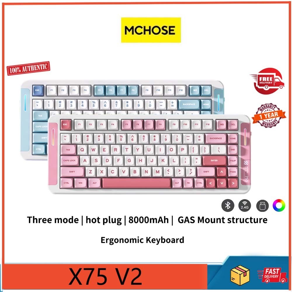Mchose X75 V2 คีย์บอร์ดเชิงกลแบบกําหนดเองสามโหมด, โครงสร้างปะเก็น, ปลั๊กร้อน, 8000mAh, พร้อมลูกบิดโ