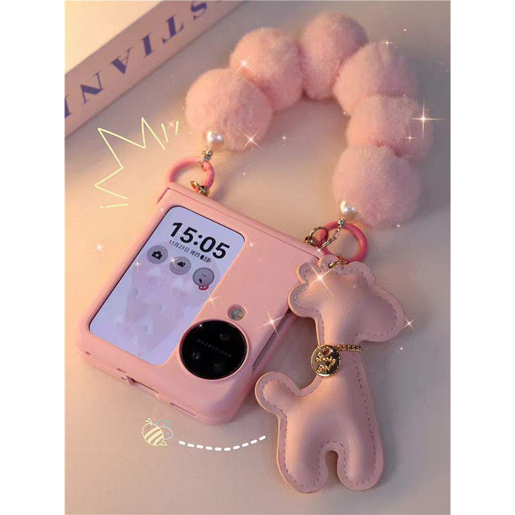 เกาหลีสดน่ารักสีชมพูกรณียีราฟจี้ Hairy Pearl สร้อยข้อมือสําหรับ OPPO ค้นหา N2 Flip ค้นหา N3 Flip กันกระแทก