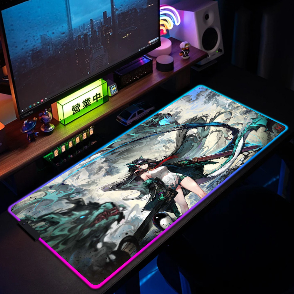 Rgb แผ่นรองเมาส์ Arknights อุปกรณ์เสริมสําหรับเล่นเกม Hd พิมพ์ Otaku ไฟ Led เกม Mousepad Xxl Pc Gam