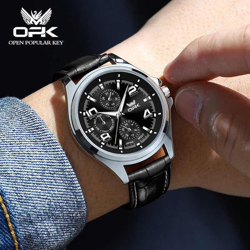 นาฬิกากันน้ำสำหรับผู้ชาย OPK (ของแท้) สายหนังควอตซ์ดั