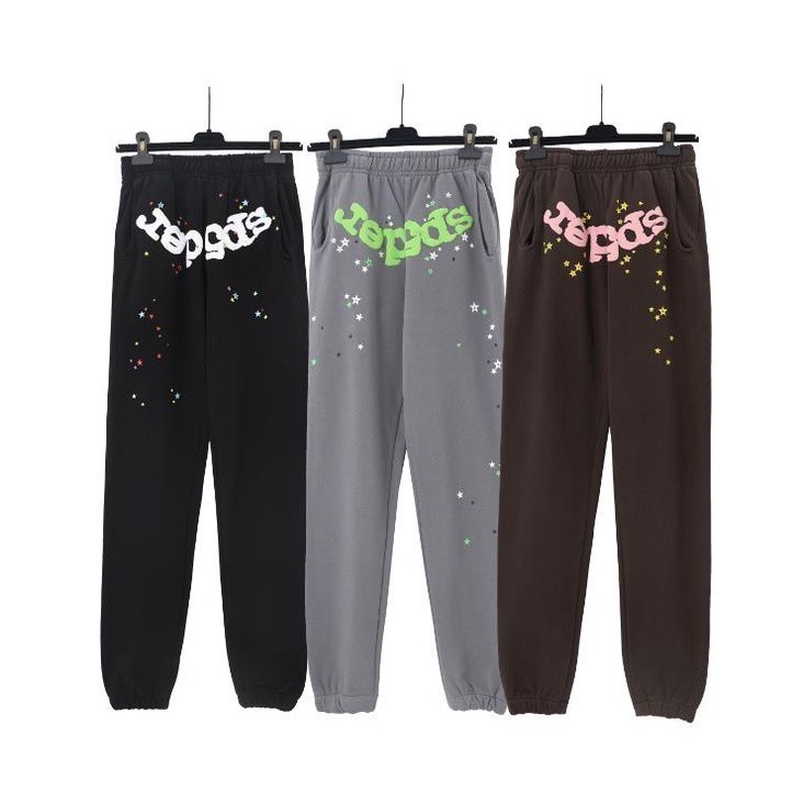 สไตล์คนดัง Sp5der 5555 โฟมพิมพ์คุณภาพสูงผ้าฝ้ายแท้สบายๆกางเกงหลวมผู้ชายผู้หญิง