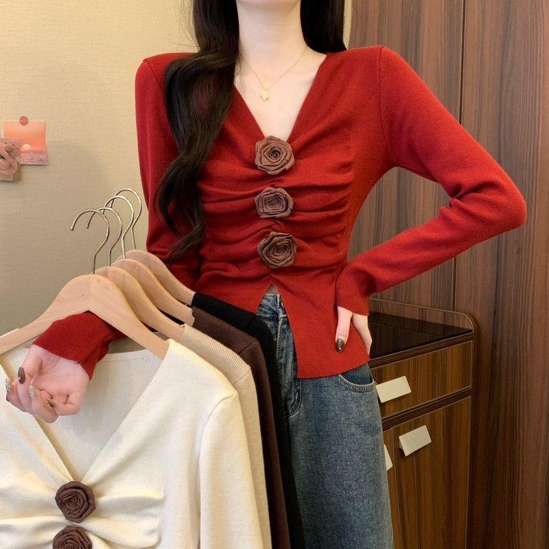 สามมิติ Rose จีบสีแดงเสื้อแขนยาวผู้หญิงฤดูใบไม้ร่วงฤดูหนาว Slim @-