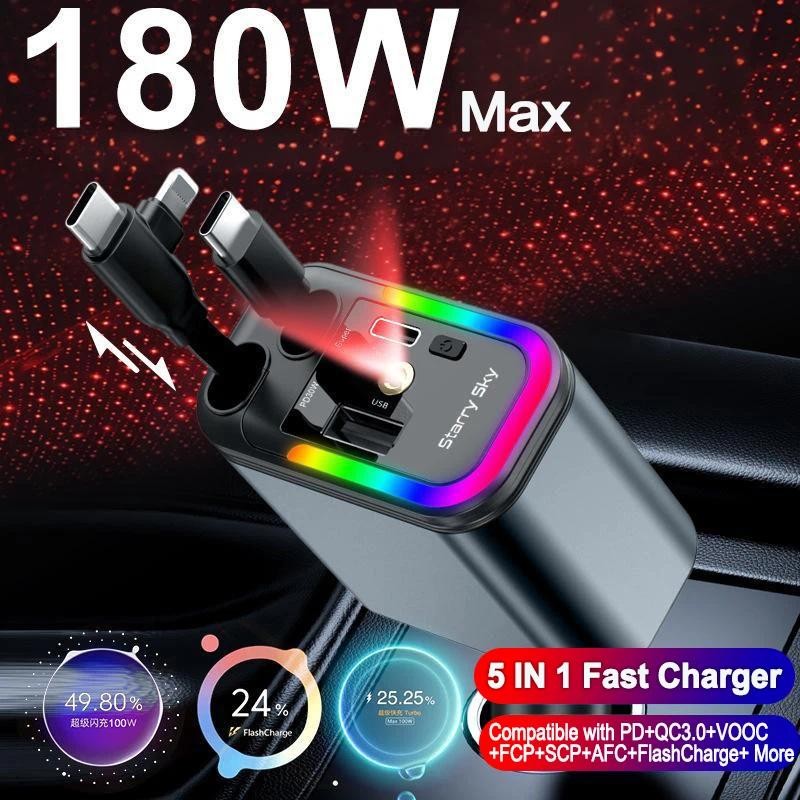 180W 5 In 1 Retractable Car Phone Charger RGB Starry Sky Light สําหรับ PD/QC3.0/SCP/VOOC/FlashCharge
