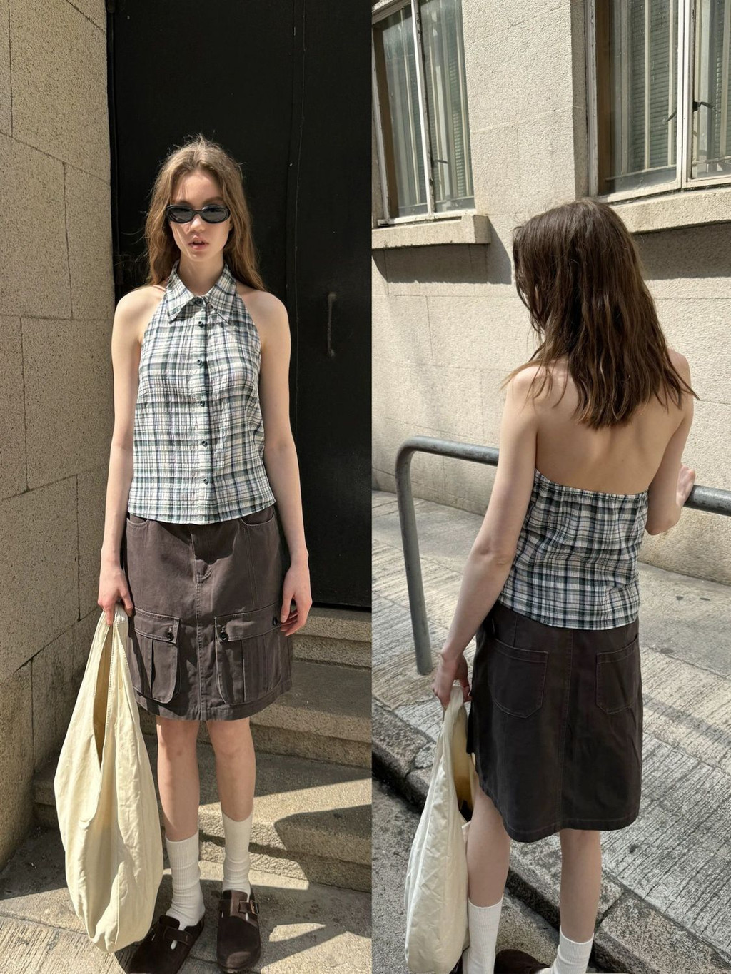 Shanmieleng Sweet Cool Hot Girl American Style Sleeve Halterneck Checked Shirt Women Small Slim-fit Short Top