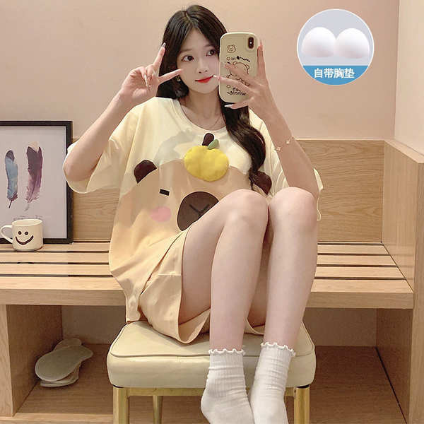 ชุดนอน happy sunday ชุดนอน 2024 ใหม่ชุดนอนสุภาพสตรีฤดูร้อนการ์ตูนน่ารักหลวมฤดูร้อนพร้อมหน้าอกบุนวมแ