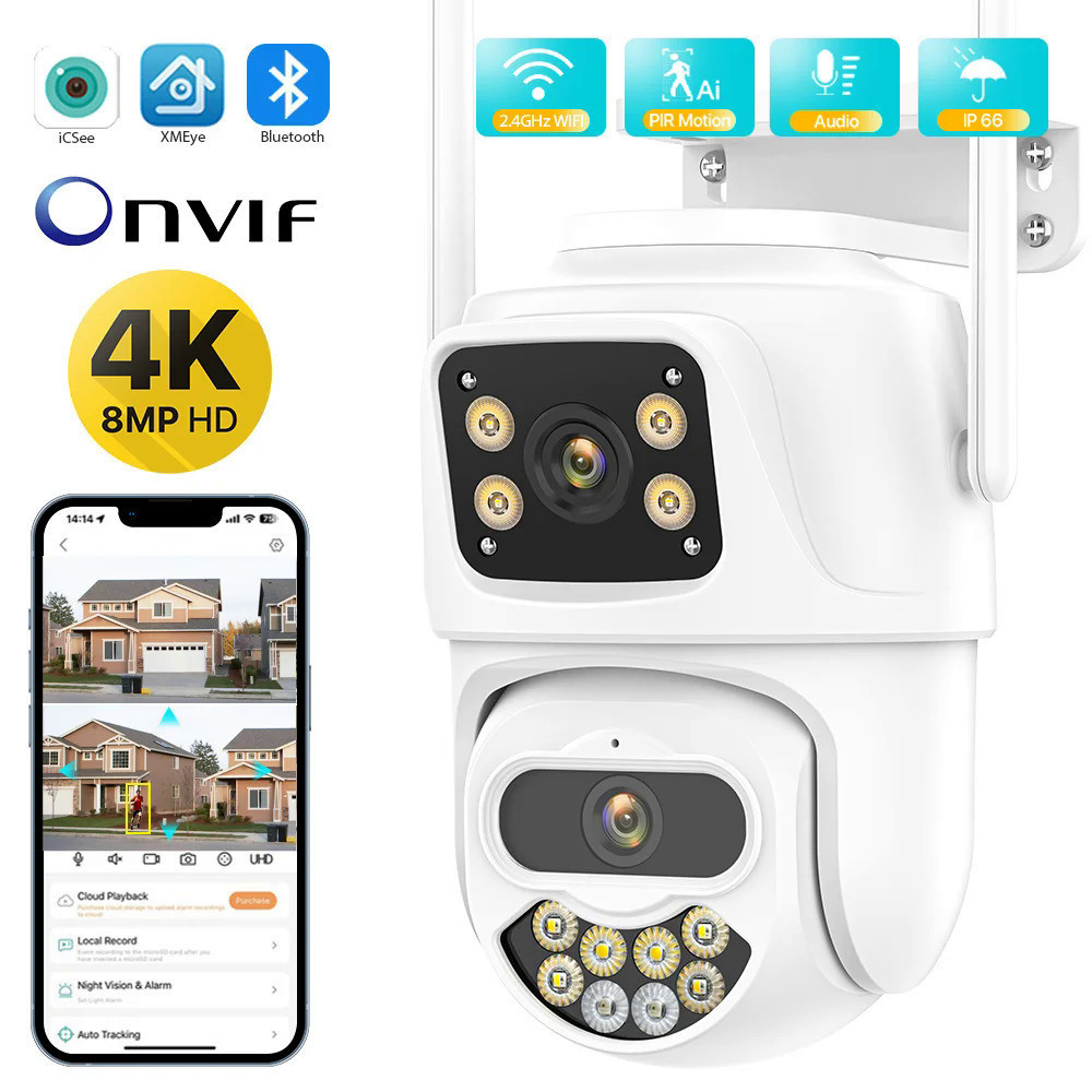 Wifi IP กล ้ อง 6MP 4K HD Dual เลนส ์ หน ้ าจอกลางแจ ้ ง AI ติดตามอัตโนมัติ PTZ กล ้ อง 6MP Night V