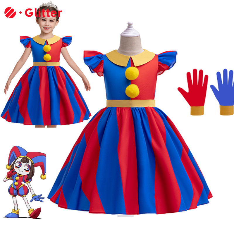The Amazing Digital Circus Pomni เครื่องแต่งกายสําหรับเด็กสาวการ์ตูนตัวอักษรสีฟ้าสีแดงชุดเจ้าหญิงหมวกถุงมือ Fullset ฮาโลวีน Carnival วันเกิดคอสเพลย์ของขวัญ