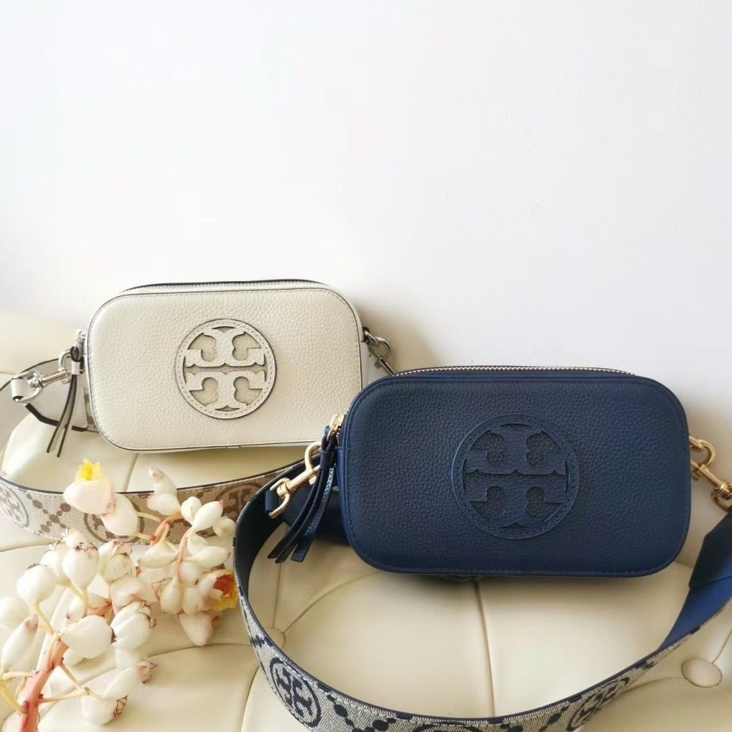 Tory Burch กระเป๋าสตรีกระเป๋ากล้องใหม่ Jacquard สายคล้องไหล่ลิ้นจี่แบบซิปคู่ไหล่กระเป๋าสี่เหลี่ยมเล็