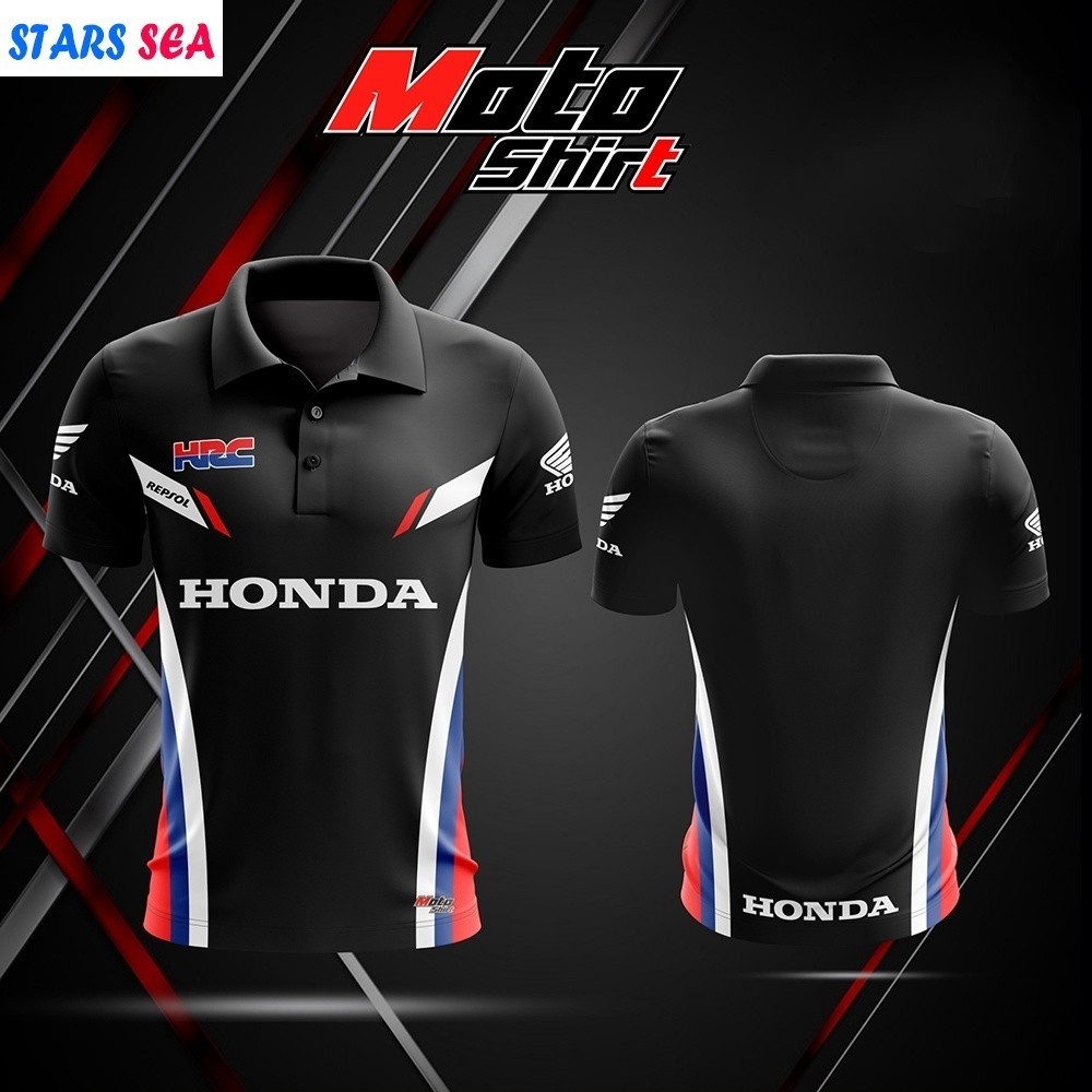 เสื้อโปโลแขนสั้นลําลองสีดําฮอนด้ารถจักรยานยนต์2024พิมพ์ลาย