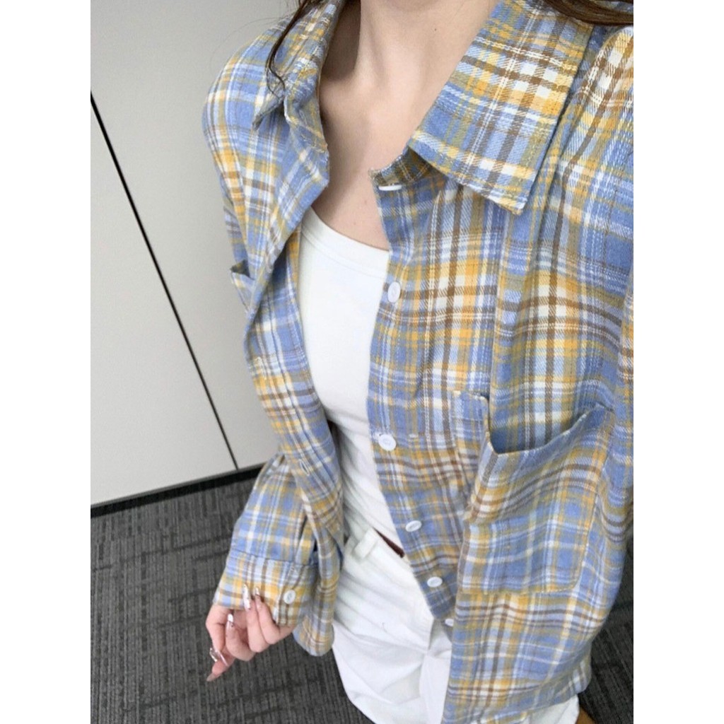 77777แขนยาวบางย้อนยุคเสื้อลายสก๊อตผู้หญิง