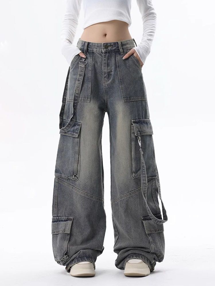 T Thai Womens Multi-Pocket Loose Overalls กางเกงยีนส์เอวสูงตรง S ~ 4XL