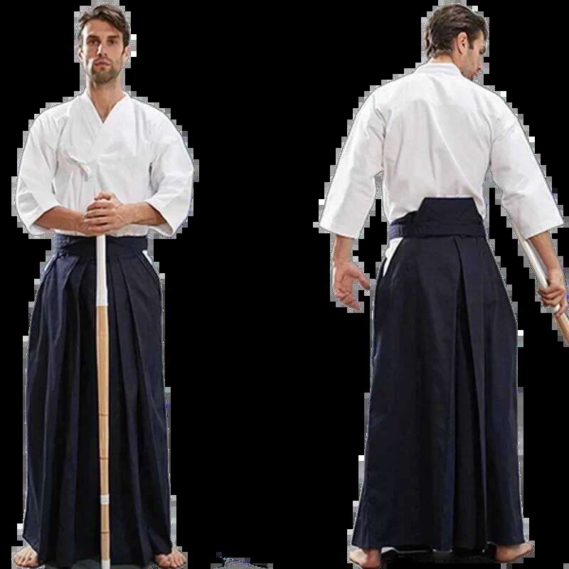 Aikido Gi ชุดผ้าฝ้ายกางเกง Hapkido Kendo Hakama สีดําสีน้ําเงินเข้มสีขาวญี่ปุ่น Samurai แบบดั้งเดิม 