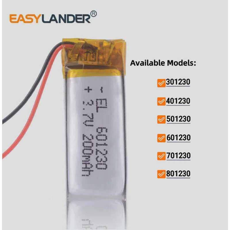 3.7 โวลต์601230 200mAh301230401230501230701230801230 แบตเตอรี่ลิเธียมโพลิเมอร์แบบชาร์จได้ Lipo Batt
