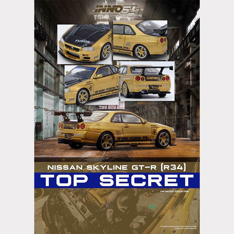 INNO 1: 64 Nissan GT-R R34 TOP SECRET Gold จําลองรถรุ่นตกแต่งออกจากรุ่นพิมพ์