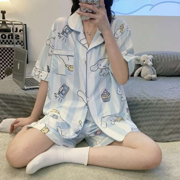 ชุดนอน sexy ชุดนอน happy sunday ชุดนอนผ้าไหมน้ําแข็งผู้หญิง 2024 ใหม่ฤดูร้อนเกาหลีรุ่นของสาวสามารถส