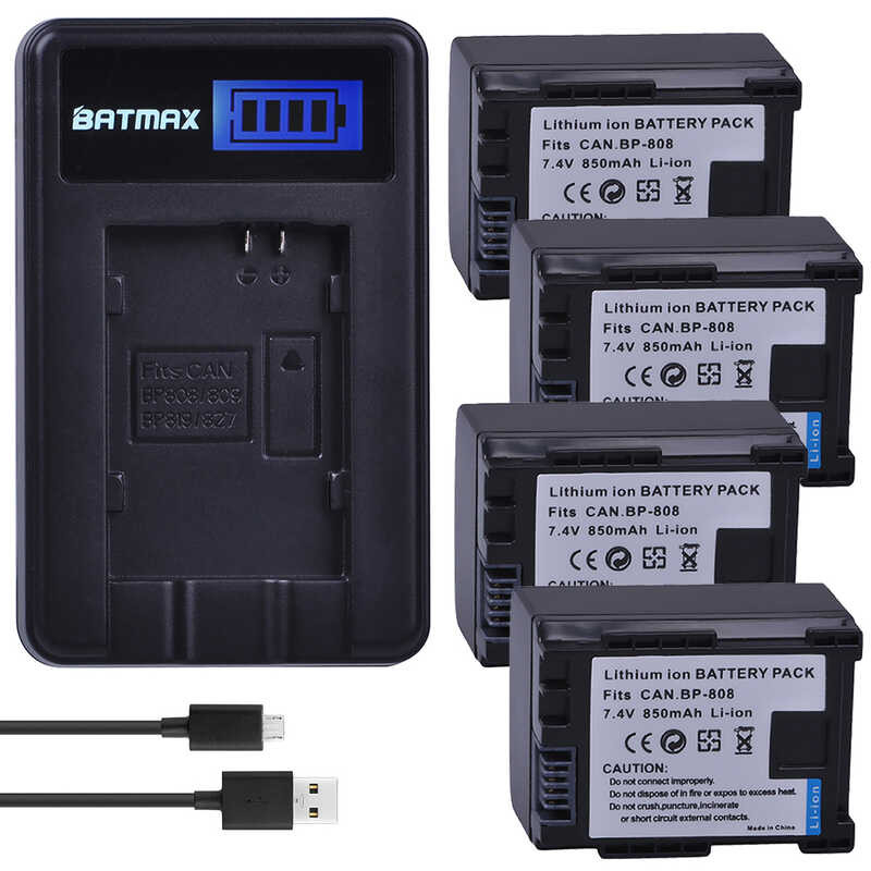 4Pcs f BP-808 808 BP808 Camera Rechargeable Battery + LCD USB Charger for Canon BP 827 809 819 HF