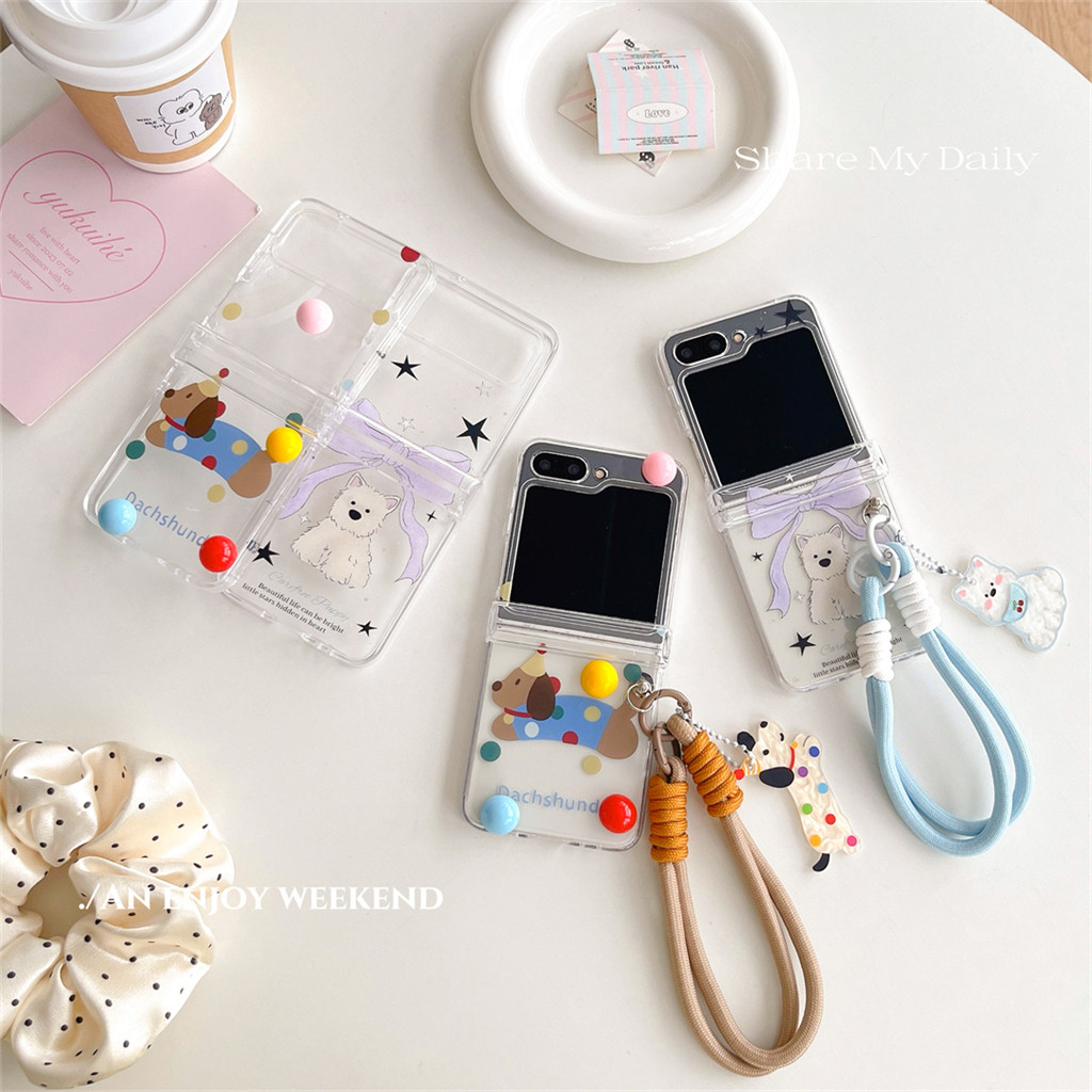เกาหลีน่ารักไส้กรอกสุนัข Bow Star DIY 3D Ball เชือกเคสโทรศัพท์สําหรับ Samsung Galaxy Z Flip 7 8 Z Flip8 ZFlip 7 7fe Zflip6 Zflip5 กันกระแทกปกหลัง