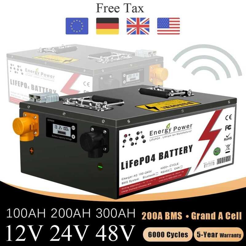 แบตเตอรี่ลิเธียมไอออนฟอสเฟต LiFePO4 ขนาด 24V 12V 48V 100Ah 200Ah 300Ah พร้อม BMS ในตัวสำหรับ RV พลัง