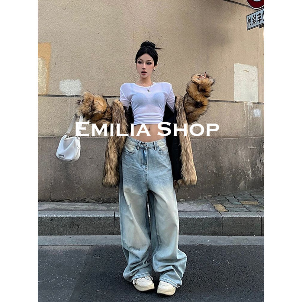 EMILIA SHOP กางเกงยีนส์ผู้หญิง กางเกงยีนส์ขาสั้น สบายๆ ทันสมัย ชิค เท่ WLK2430IO0 13Z240325