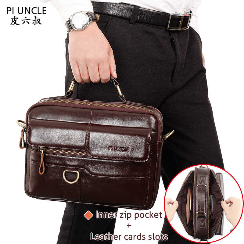 Brand PIUNCLE Genuine Leather Vintage Cowhide Cross Body Men's Top-handle Small Briefcase Computer