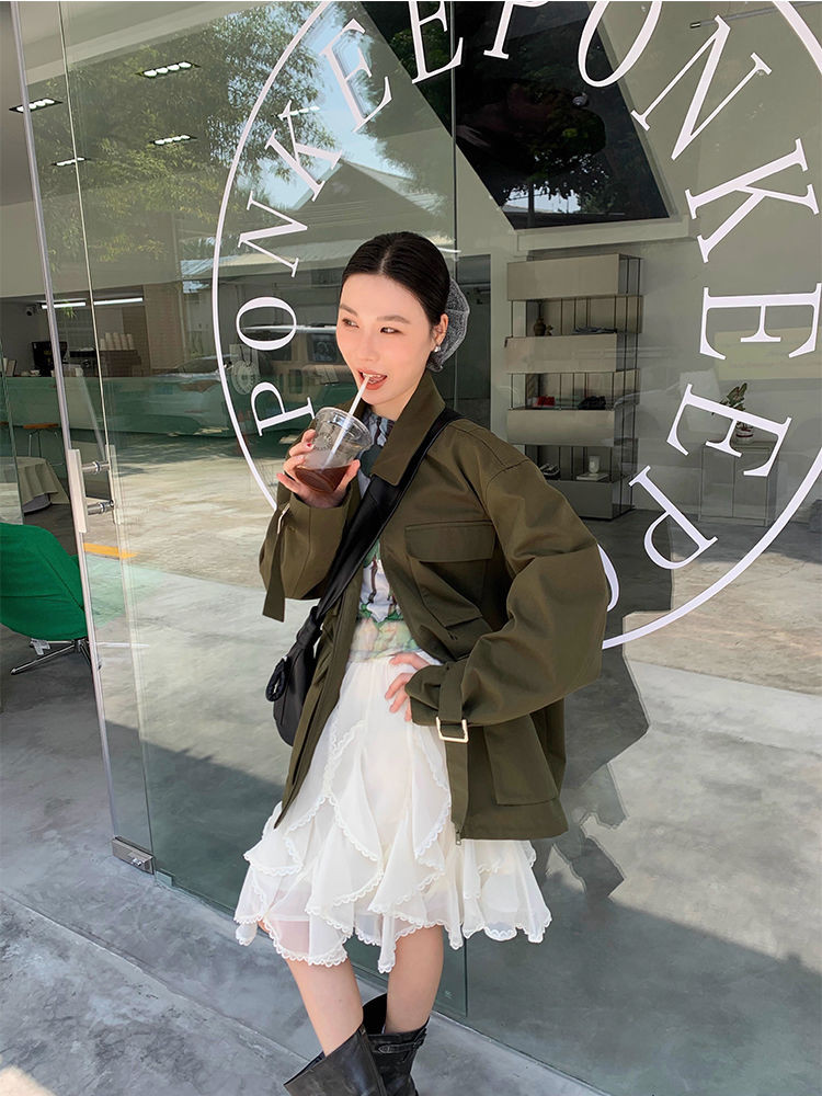 Shanmieleng 2024 ฤดูใบไม้ร่วงการออกแบบไม่สม่ําเสมอ Niche Apricot กระโปรงลูกไม้เย็บกระโปรงสั้นกระโปรงเค้ก