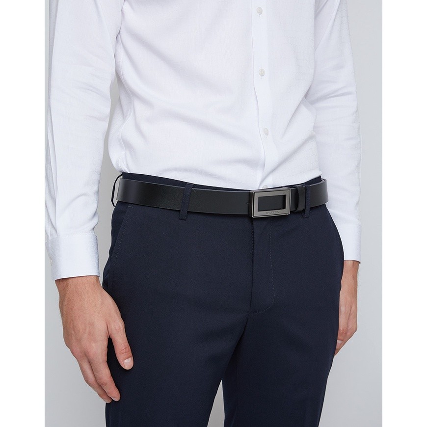 DAPPER เข็มขัดผู้ชาย หนังแท้ Silver Metallic Frame Plaque Buckle Belt สีดำ (BBCB1/1912PG5)