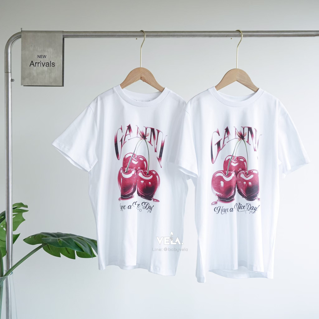 ♞,♘,♙️ พร้อมส่ง ️Ganni W Basic Jersey Cherry Relaxed T-Shirt (White) แท้% RDH RCX