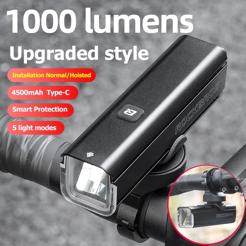 Rockbros ไฟจักรยานแบบชาร์จไฟได้ 1000Lumen Type-C ไฟหน้าจักรยานกันน้ํา 4500mAh ไฟฉายอลูมิเนียมจักรยาน