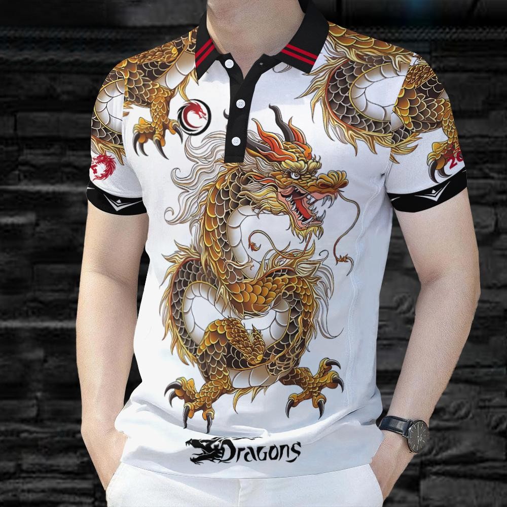 เสื้อโปโลแขนสั้นลายมังกรจีน สไตล์ธุรกิจหรู ไซส์ใหญ่ใส่สบาย 2025