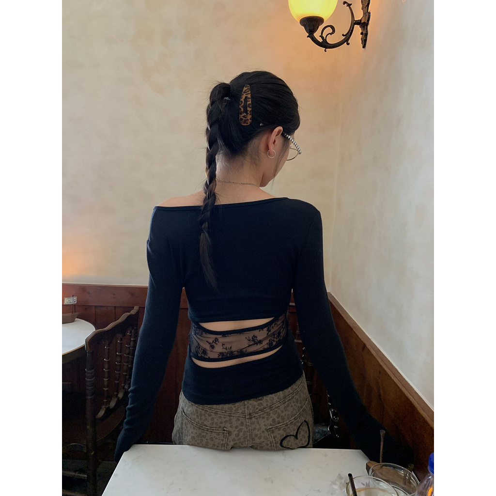 Shanmieleng กลับลูกไม้กลวงเย็บไหล่เอียงด้านใน Bottoming เสื้อแขนยาวเสื้อยืดผู้หญิงต้นฤดูใบไม้ร่วงรูปแบบใหม่ด้านบน