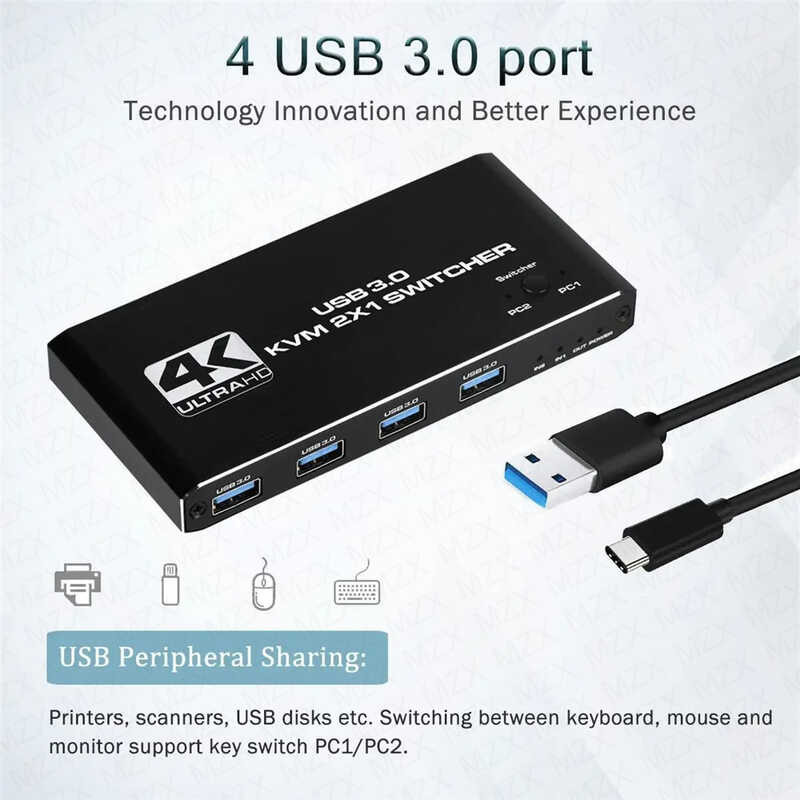 MZX KVM USB 3.0 Hub Switcher อุปกรณ์เสริมที่รองรับ 4K Hdmi2.0