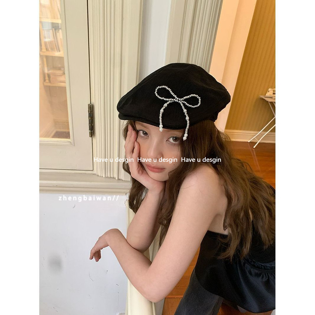 มี u desgin Beret หญิงดูขนาดเล็กสไตล์เกาหลี All-Match Pearl แฟชั่นจิตรกรหมวก Influencer ส่งต่อหมวก Breathable