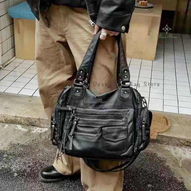 Y2k Women Black Vintage Shoulder S Punk Gothic Crossbody Multi Pocket Handbags PU Leather Fashion L