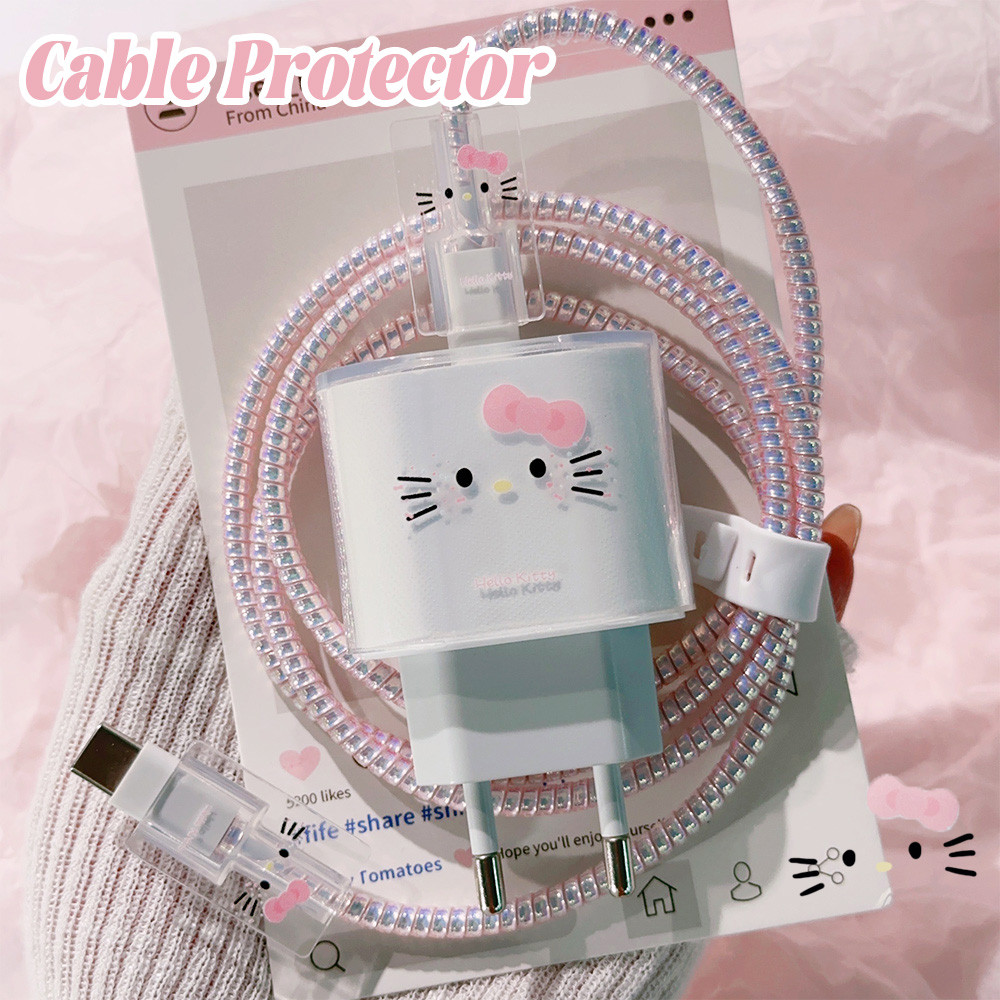 Kawaii สีชมพู Bowknot Hello Kitty อะแดปเตอร์ป้องกันกรณีสําหรับ IPhone 20W Fast Charger ฝาครอบ Data Line Winder เกลียวแขนป้องกัน