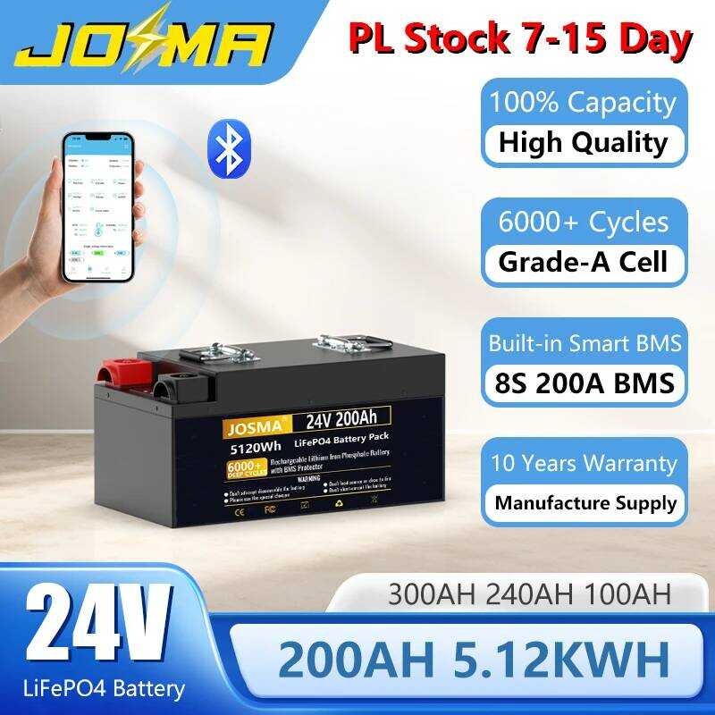 แบตเตอรี่ EU LiFePO4 24V 200Ah 100Ah 140Ah 300Ah 5Kw 12V พร้อม Bluetooth BMS 6000+ รอบ ระดับ A IP65