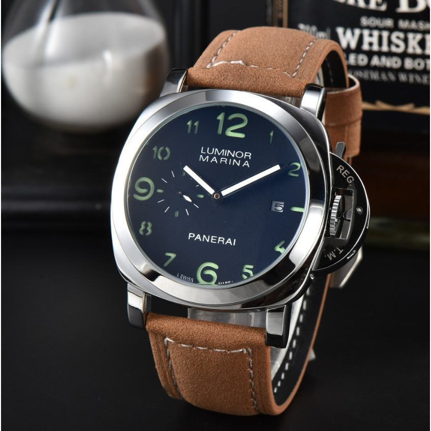 Panerai Panerai Luminor series 1950 จระเข้หนังแท้ 9 จุดนาฬิกาข้อมือควอตซ์ 44 มม. Mens Black